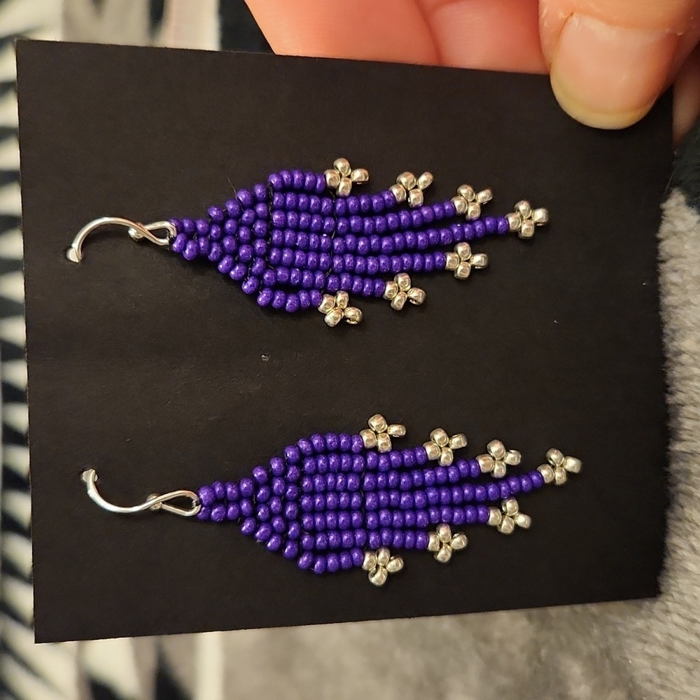 Artisan Handcrafted Purple & Fringe Earrings hypoallergenic Earwires